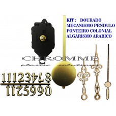 6 Máquinas De Relógio Pendulo + Algarismo Arábico + Ponteiros Coloniais Dourado